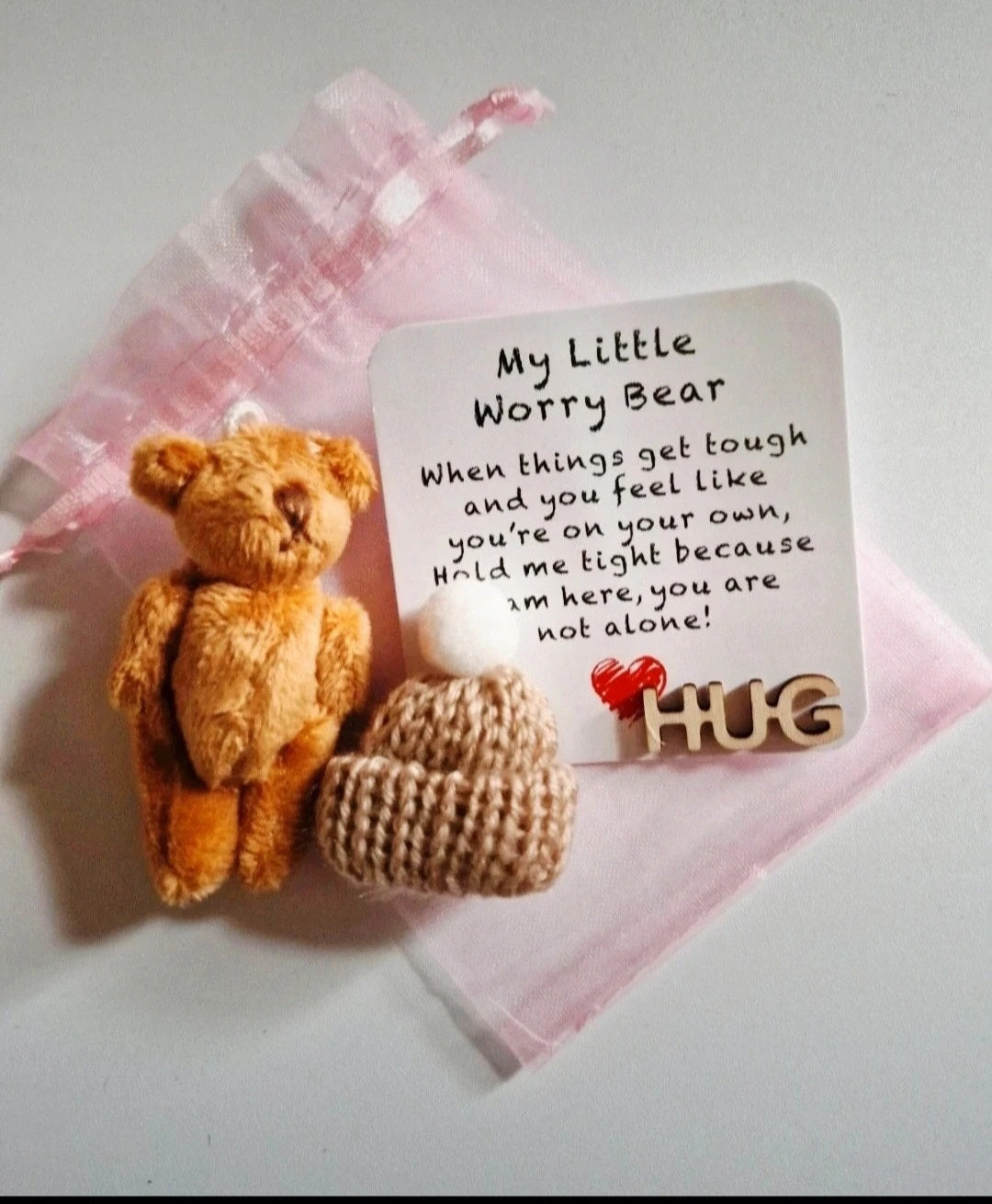 My little worry bear in a bag mental support gifts friends family handmade presents Hugs
