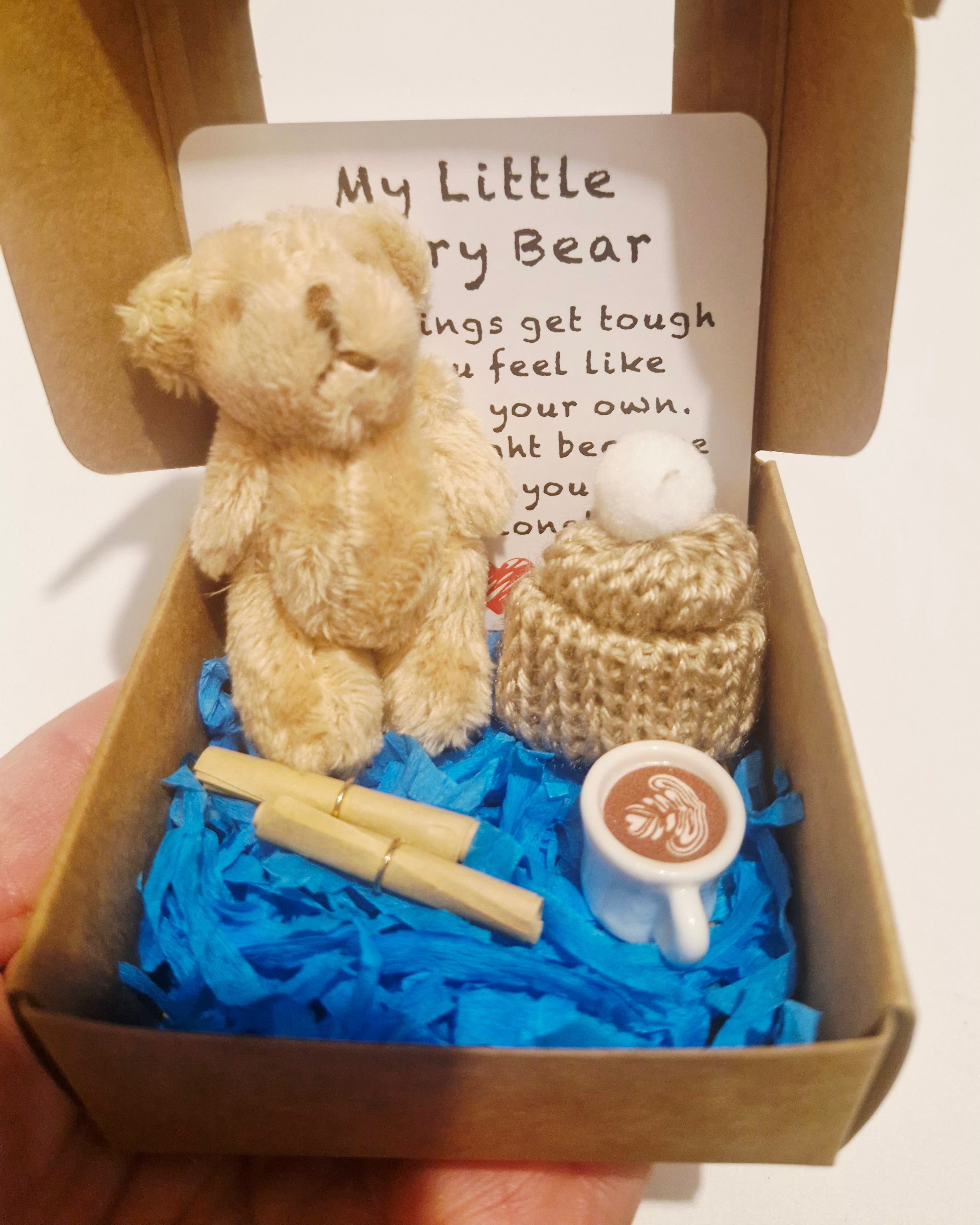 My little worry bear in a box mental support gifts friends family birthday presents coffee