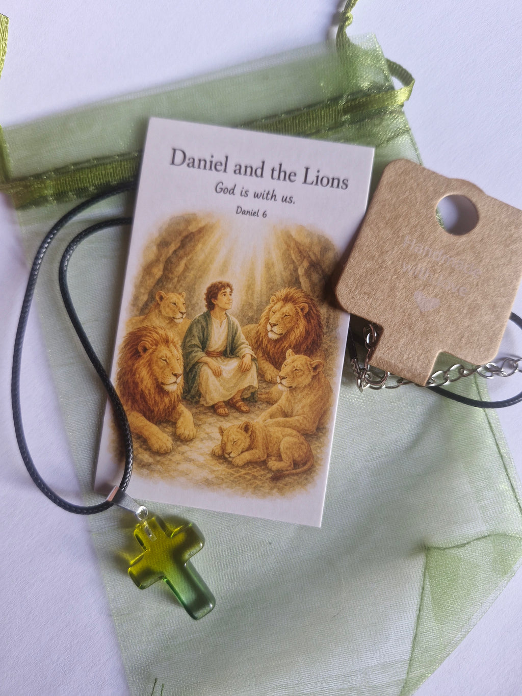 Cross necklace with prayer card. Handmade gifts for christening and birthdays.