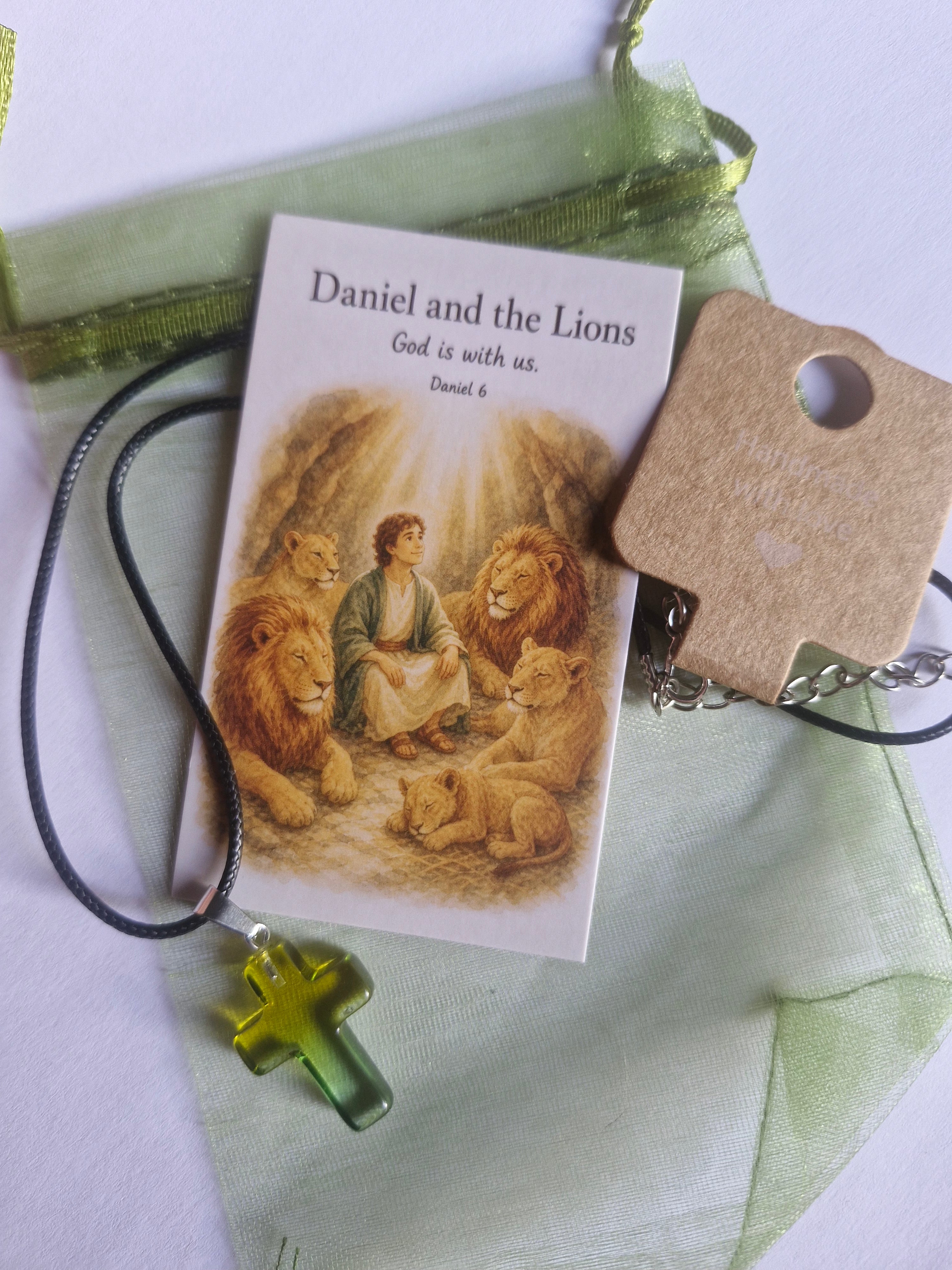 Cross necklace with prayer card. Handmade gifts for christening and birthdays.