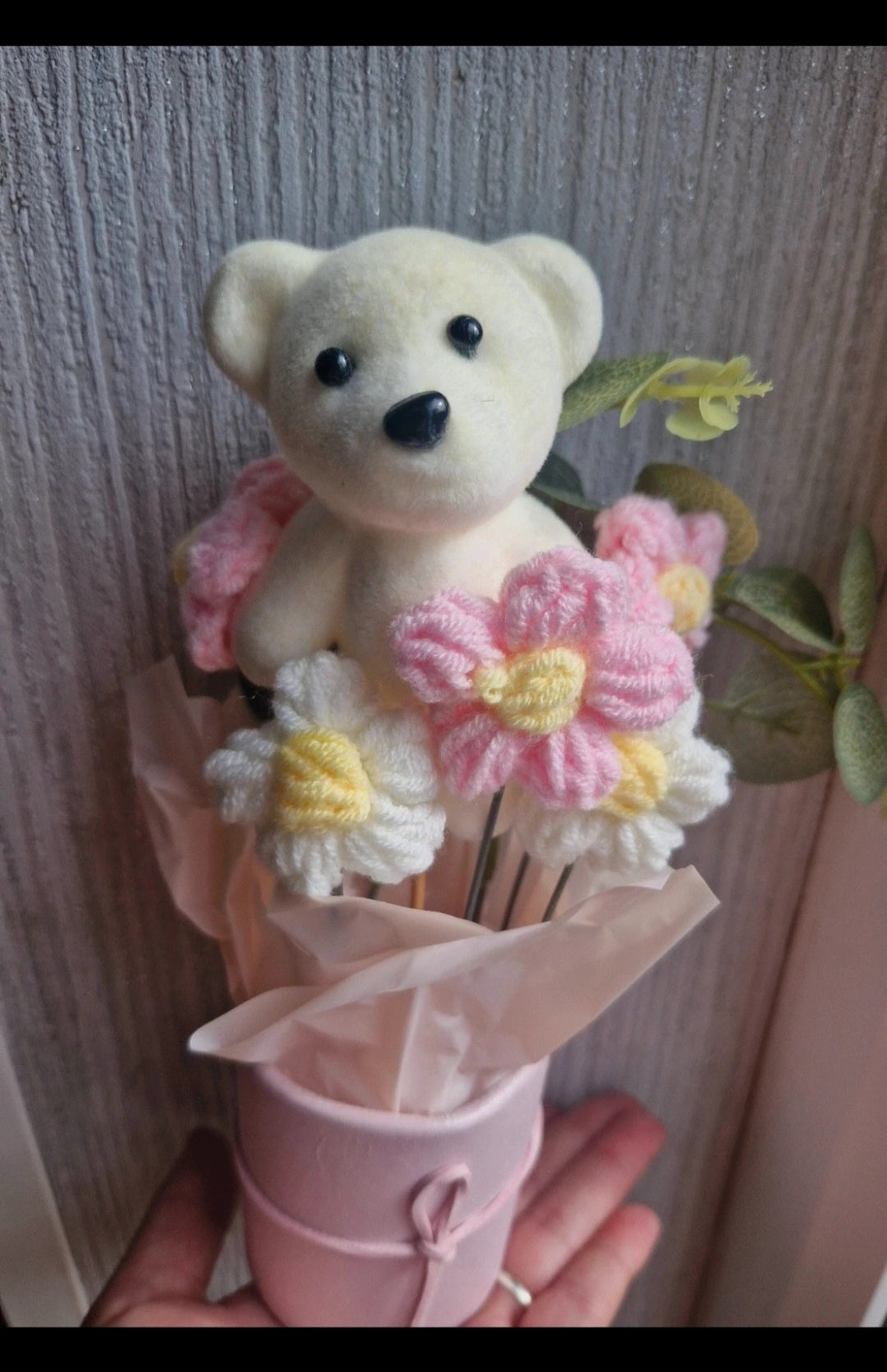 Knitted flowers bouquet with teddy cute gift ideas