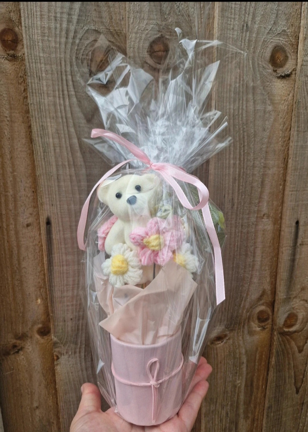 Knitted flowers bouquet with teddy cute gift ideas