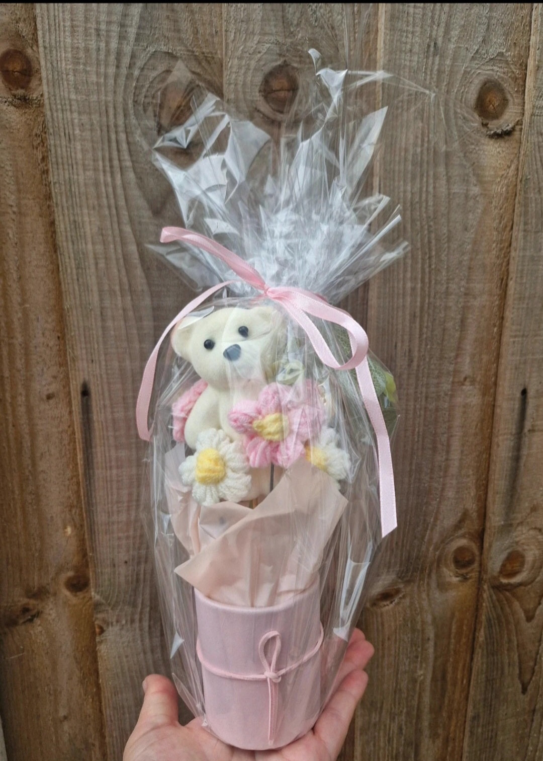 Knitted flowers bouquet with teddy cute gift ideas