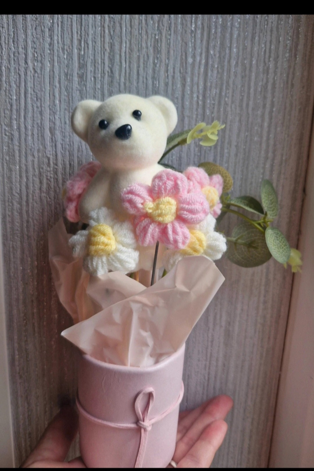 Knitted flowers bouquet with teddy cute gift ideas